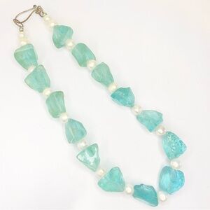 Vintage Aqua Blue Glass Cultured Pearl Chunky Beaded Statement Necklace